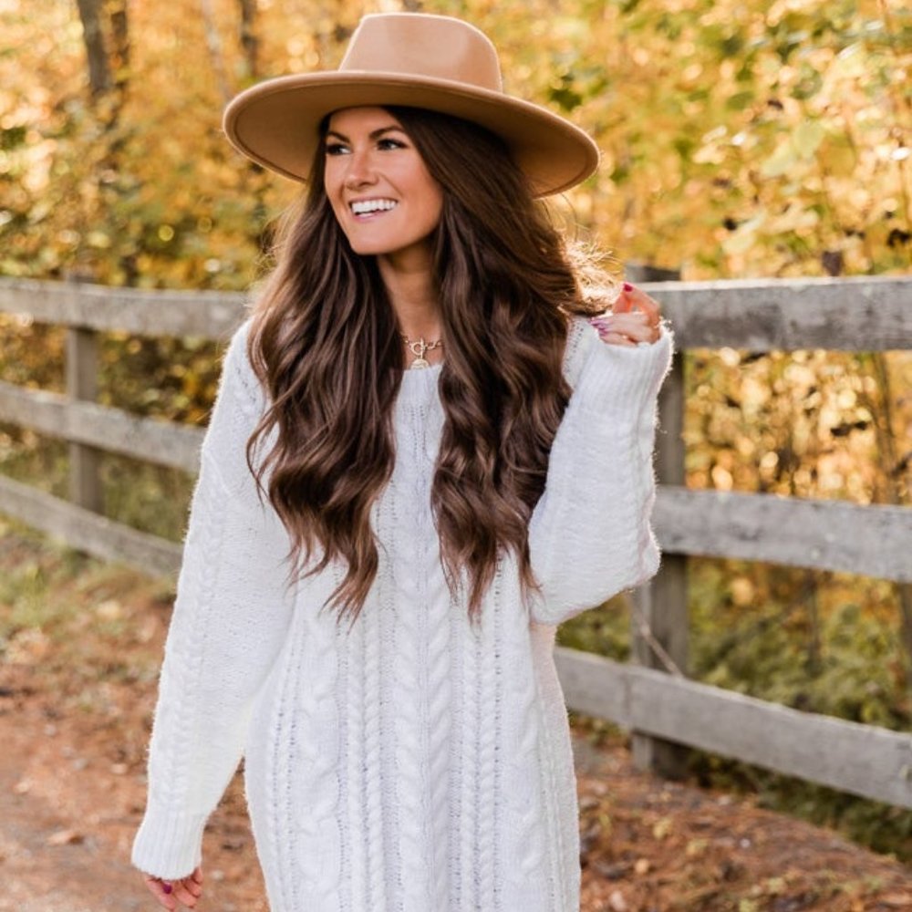 CAITLIN COVINGTON X PINK LILY THE KRISTA CABLE KNIT IVORY SWEATER DRESS